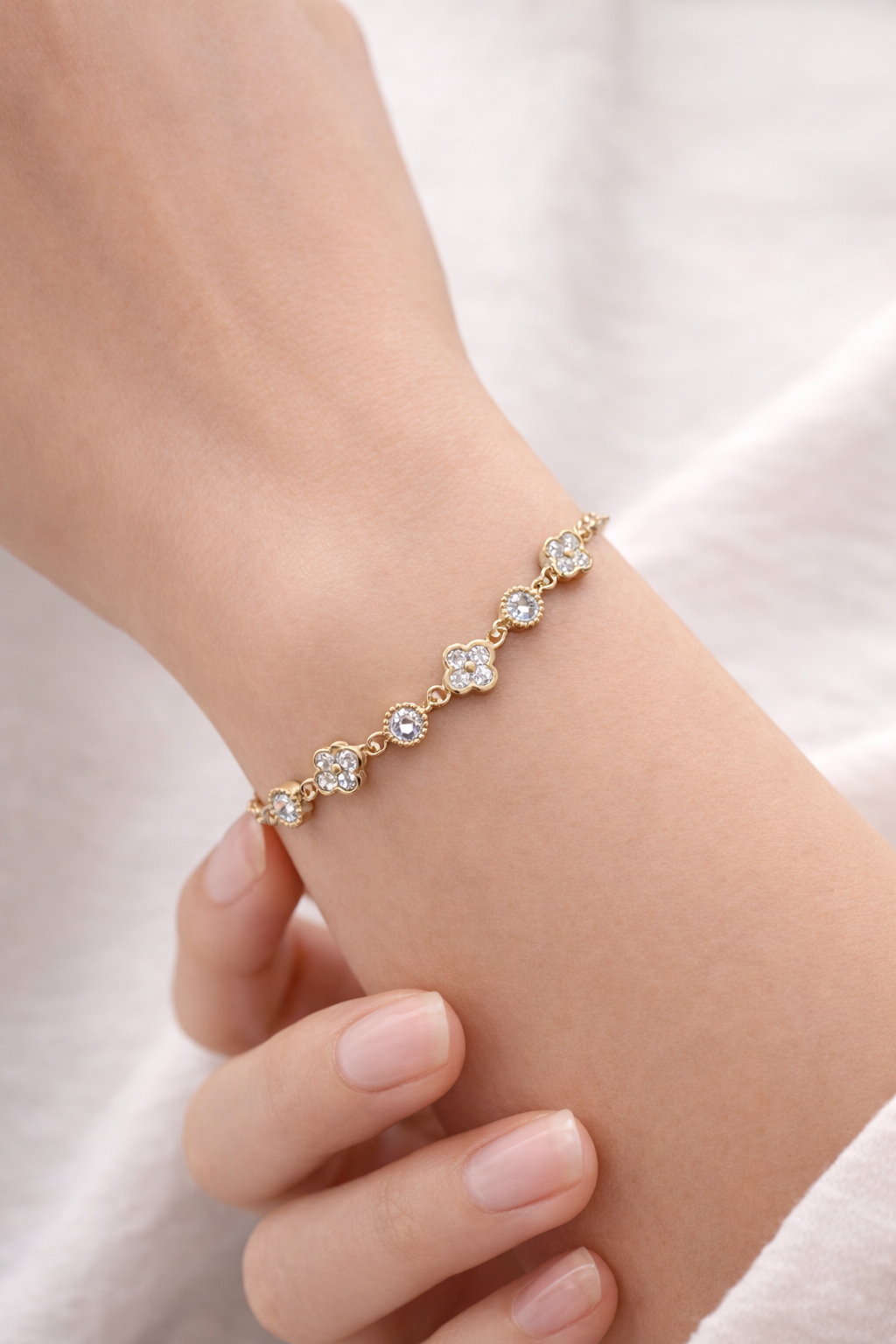 Sterling Silver Gold Vermeil CZ Clover Station Bracelet