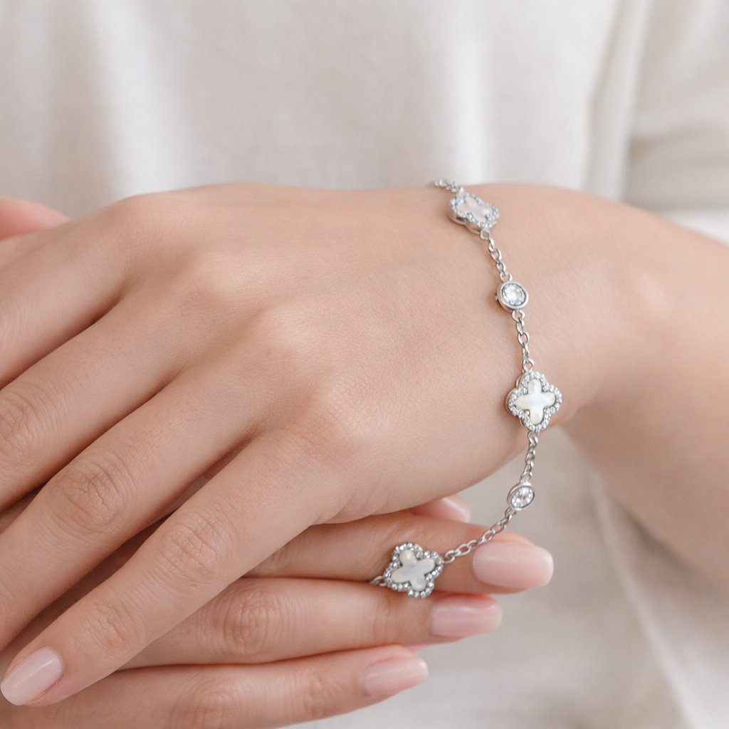 Sterling Silver Rhodium Plated Mother of Pearl Clover Bracelet