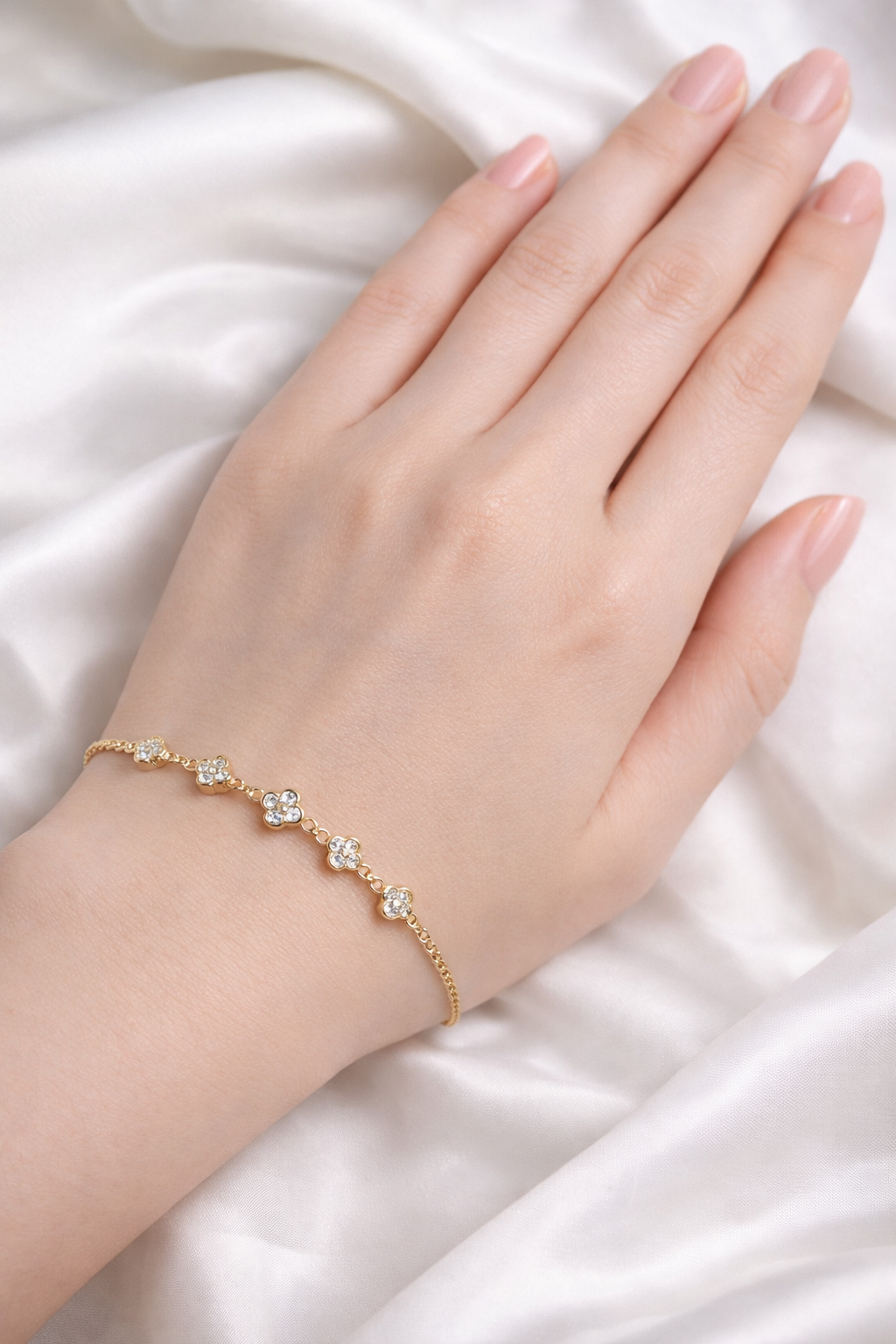 Sterling Silver Gold Vermeil CZ Clover Station Bracelet
