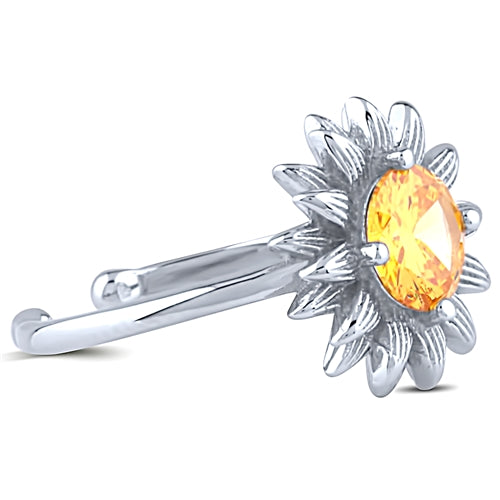 Sterling Silver Adjustable Flower Ring with Yellow CZ