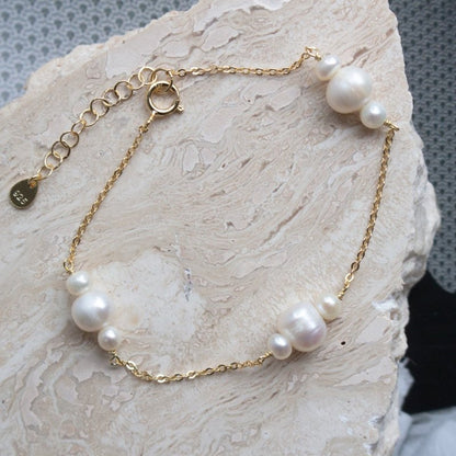 Sterling Silver Gold Vermeil Trio Freshwater Pearl Station Bracelet