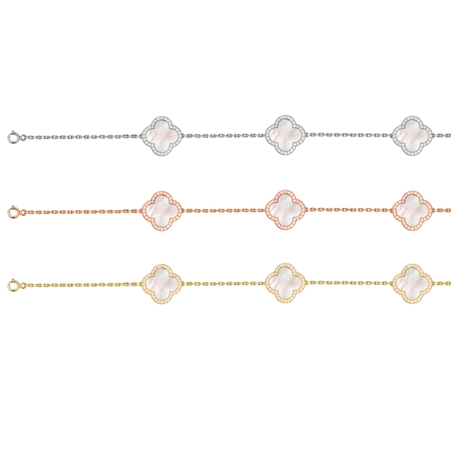 Sterling Silver Designer Inspired CZ Mother of Pearl Clover Bracelet