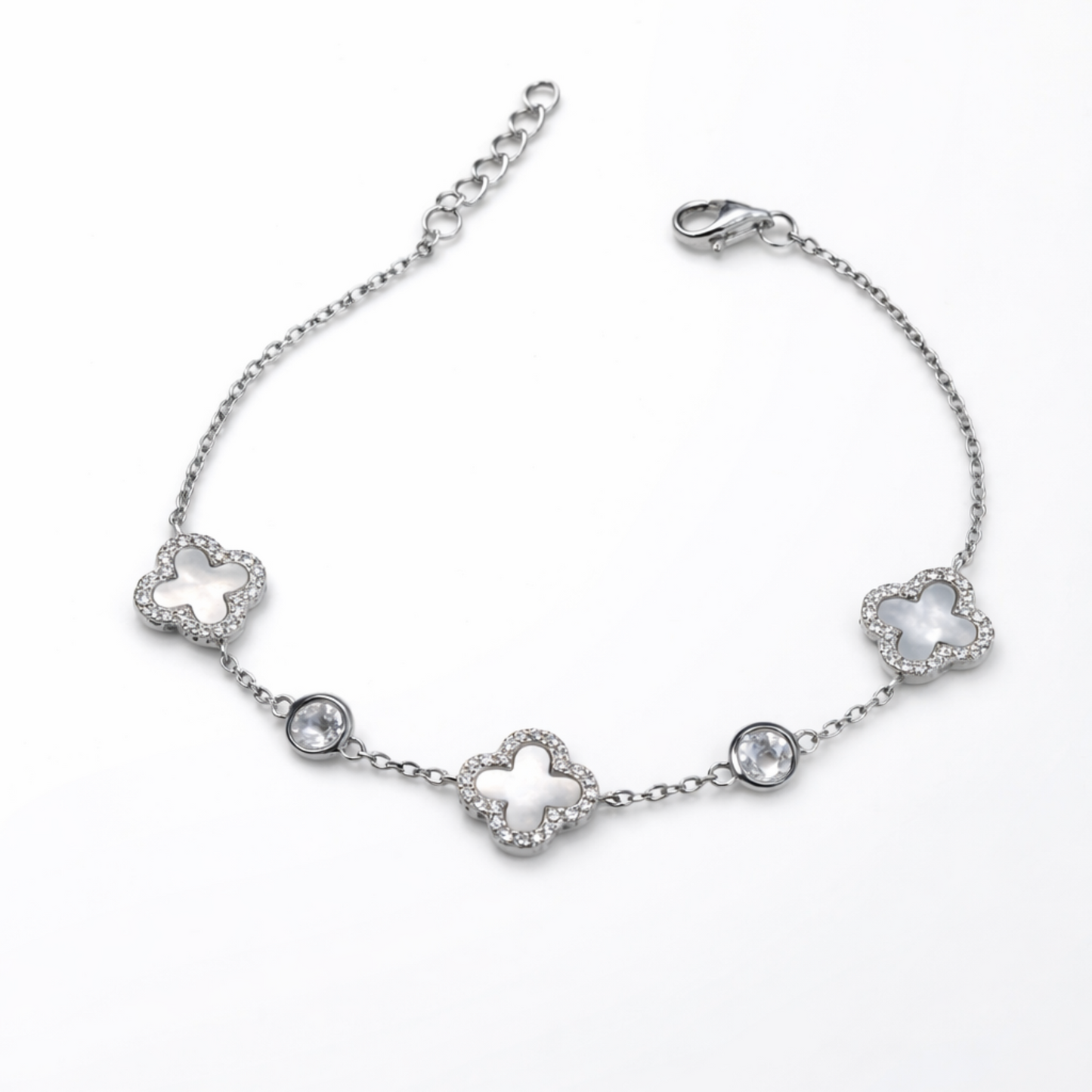 Sterling Silver Rhodium Plated Mother of Pearl Clover Bracelet