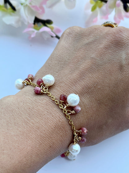 Freshwater Pearl and Rhodonite Dangle Bracelet