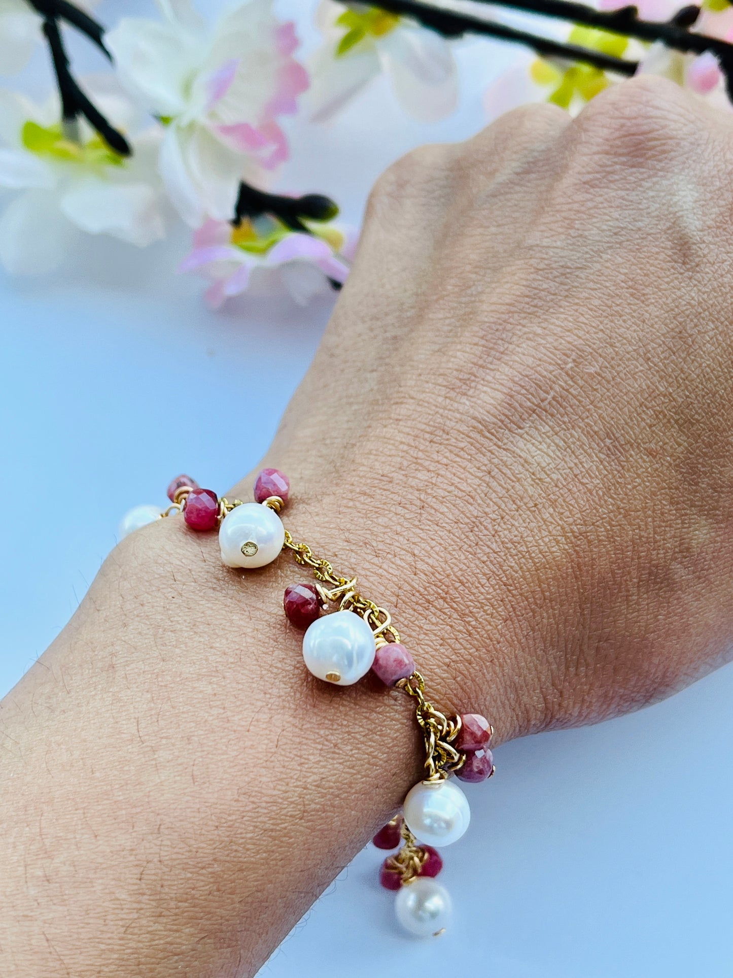 Freshwater Pearl and Rhodonite Dangle Bracelet