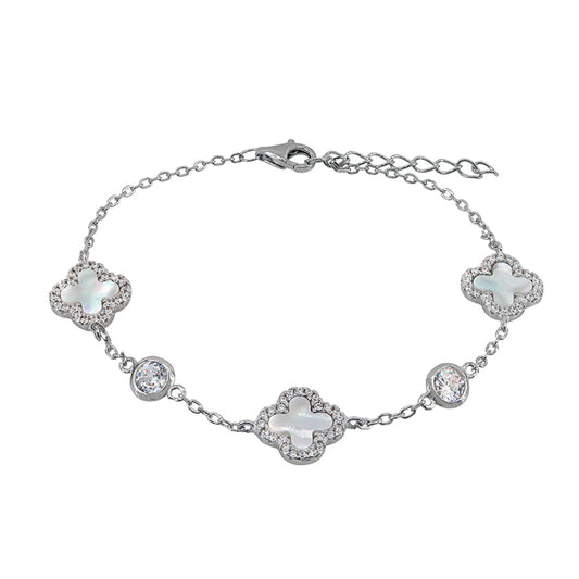 Sterling Silver Rhodium Plated Mother of Pearl Clover Bracelet