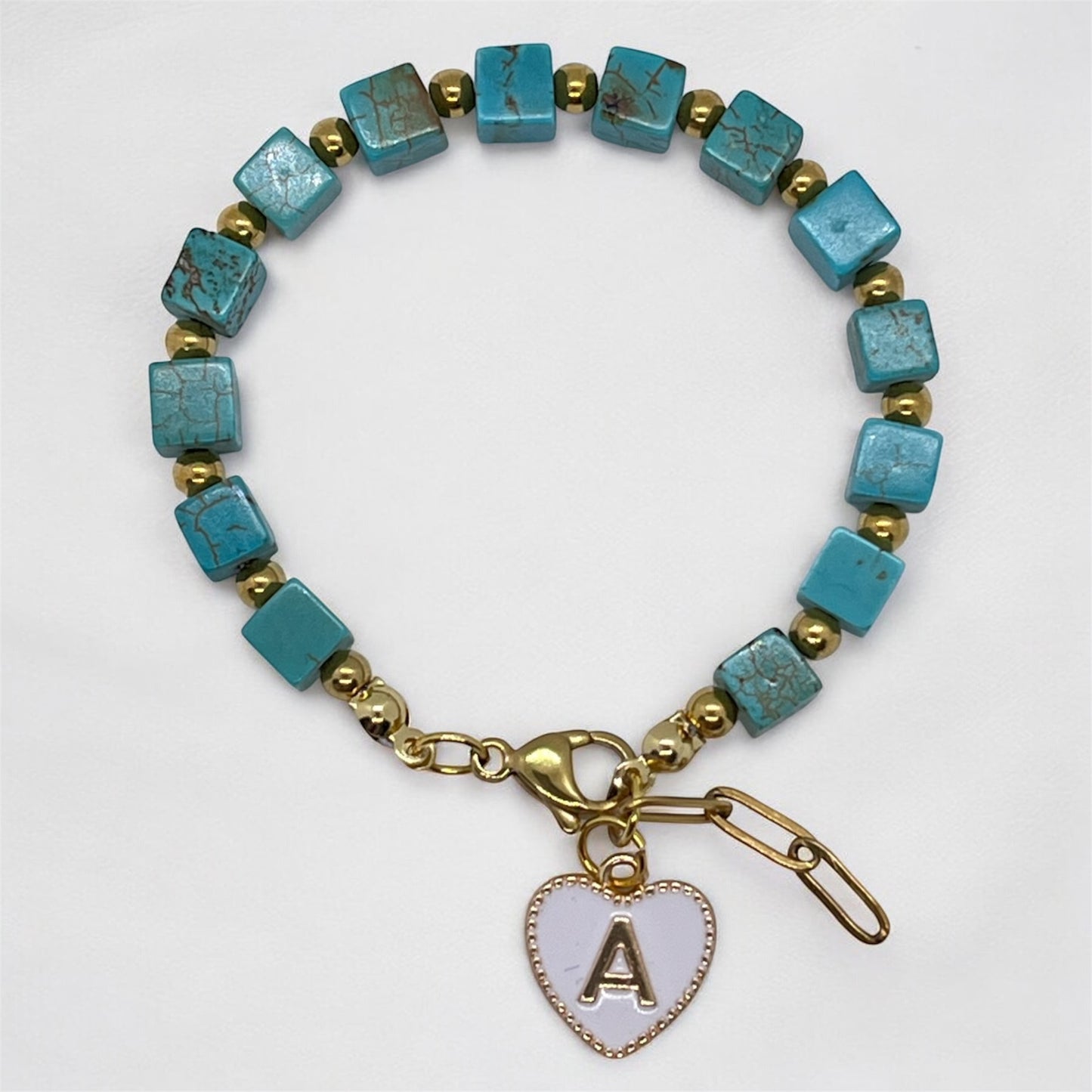 Turquoise Gemstone Bracelet with Heart Initial Charm