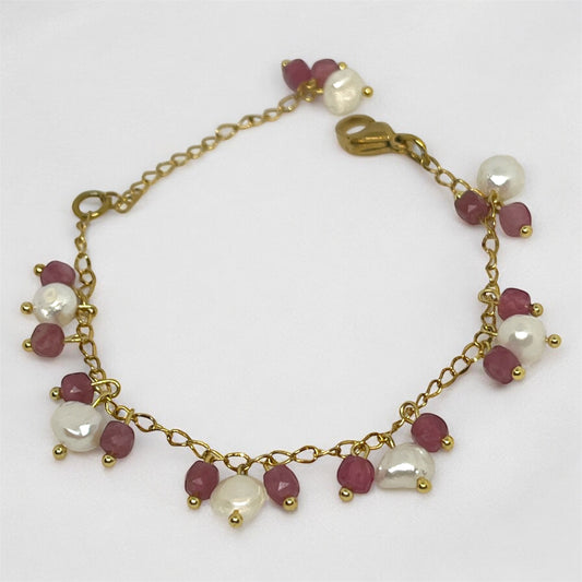 Freshwater Pearl & Pink Tourmaline Dangle Bracelet