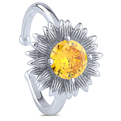 Sterling Silver Adjustable Flower Ring with Yellow CZ