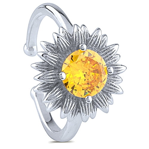 Sterling Silver Adjustable Flower Ring with Yellow CZ