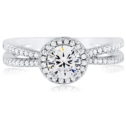 Halo Sparkle CZ Ring – Double Band in Rhodium-Plated Sterling Silver