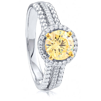 Sunlight Glow Halo Ring – Yellow CZ in Rhodium-Plated Sterling Silver