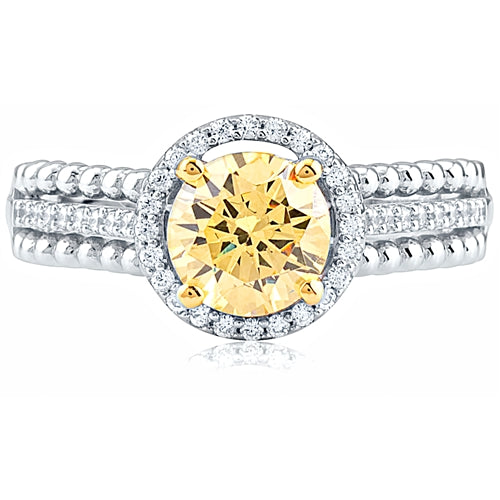 Sunlight Glow Halo Ring – Yellow CZ in Rhodium-Plated Sterling Silver