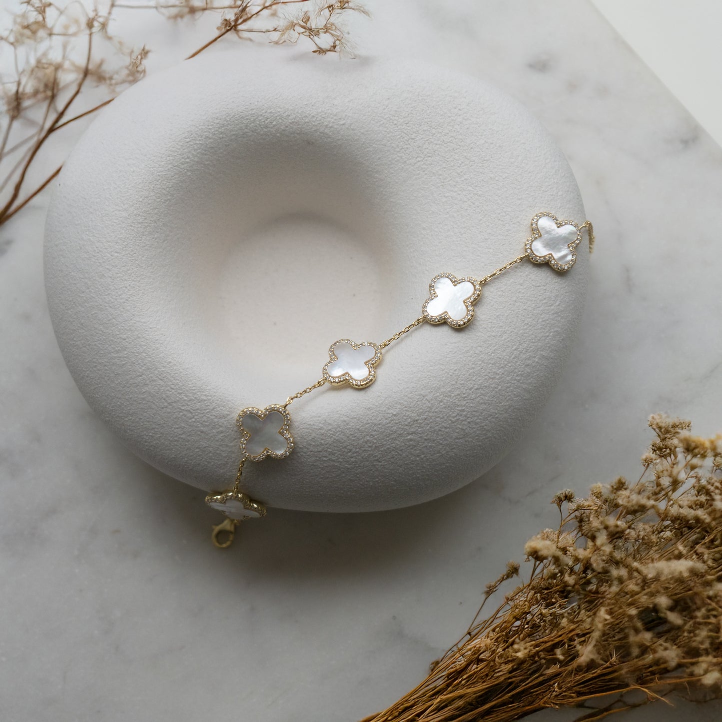 Sterling Silver Mother Of Pearl Clovers Bracelet