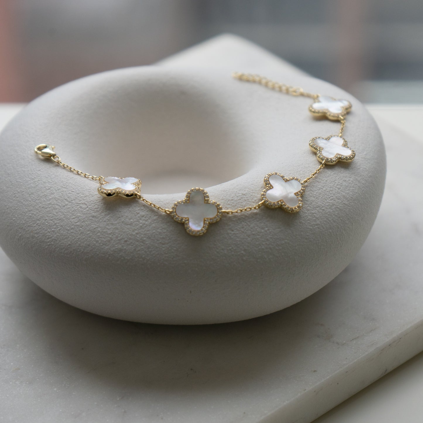 Sterling Silver Mother Of Pearl Clovers Bracelet