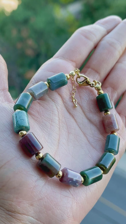 Chunky Green Jasper Barrel Bead Bracelet